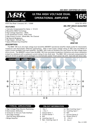 MSK165 datasheet - ULTRA HIGH VOLTAGE DUAL OPERATIONAL AMPLIFIER