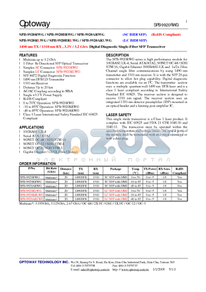 SPB-9920BRLWG datasheet - 1490 nm TX / 1310 nm RX , 3.3V / 3.2 Gb/s Digital Diagnostic Single-Fiber SFP Transceiver