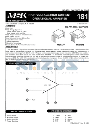 MSK181Z datasheet - HIGH VOLTAGE/HIGH CURRENT OPERATIONAL AMPLIFIER