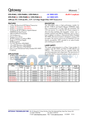 SPB-9940AG datasheet - 1490 nm TX / 1310 nm RX , 3.3V / 2.5 Gbps Single-Fiber SFP Transceiver