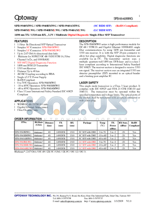 SPB-9940AMWG datasheet - 1490 nm TX / 1310 nm RX , 3.3V / Multirate Digital Diagnostic Single-Fiber SFP Transceiver