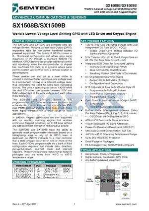 SX1508B datasheet - Worlds Lowest Voltage Level Shifting GPIO with LED Driver and Keypad Engine