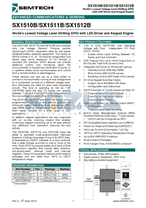 SX1511B datasheet - Worlds Lowest Voltage Level Shifting GPIO with LED Driver and Keypad Engine