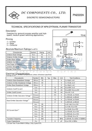 PN2222A datasheet - TECHNICAL SPECIFICATIONS OF NPN EPITAXIAL PLANAR TRANSISTOR