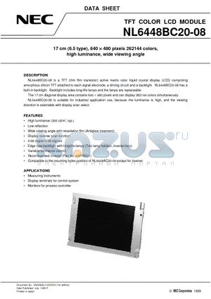 NL6448BC20-08 datasheet - 17 cm 6.5 type, 640 x 480 pixels 262144 colors, high luminance, wide viewing angle