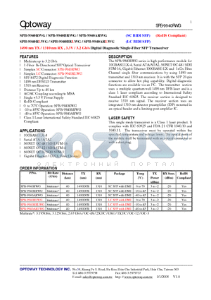 SPB-9940BRWG datasheet - 1490 nm TX / 1310 nm RX , 3.3V / 3.2 Gb/s Digital Diagnostic Single-Fiber SFP Transceiver