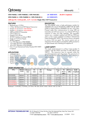 SPB-9940BRG datasheet - 1490 nm TX / 1310 nm RX , 3.3V / 3.2 Gb/s Single-Fiber SFP Transceiver