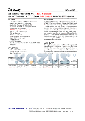 SPB-9940LWG datasheet - 1490 nm TX / 1310 nm RX , 3.3V / 2.5 Gbps Digital Diagnostic Single-Fiber SFP Transceiver