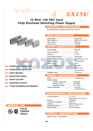 SX15U datasheet - 15 Watt,120 VAC Input Fully Enclosed Switchiing Power Supply