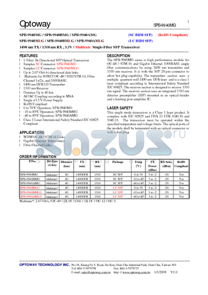 SPB-9940MG datasheet - 1490 nm TX / 1310 nm RX , 3.3V / Multirate Single-Fiber SFP Transceiver