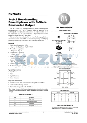 NL7SZ18DFT2 datasheet - 1−of−2 Non−Inverting Demultiplexer with 3−State Deselected Output