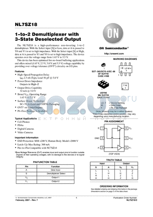 NL7SZ18DFT2 datasheet - 1−to−2 Demultiplexer with 3−State Deselected Output