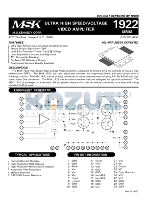 MSK1922 datasheet - ULTRA HIGH SPEED/VOLTAGE VIDEO AMPLIFIER