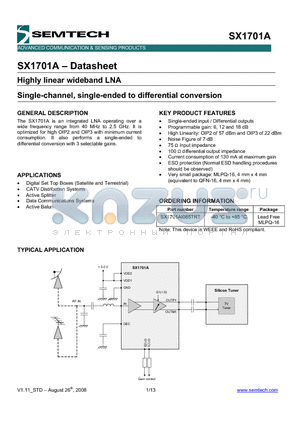 SX1701A datasheet - Highly linear wideband LNA Single-channel, single-ended to differential conversion