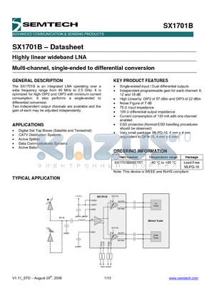 SX1701B datasheet - Highly linear wideband LNA Multi-channel, single-ended to differential conversion