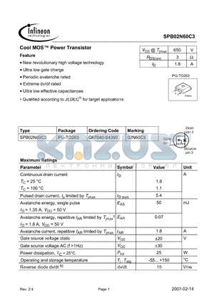 SPB02N60C3_07 datasheet - Cool MOS Power Transistor