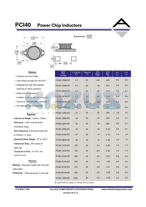 PCI40-100M-RC datasheet - Power Chip Inductors