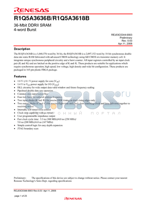 R1Q5A3618BBG-50R datasheet - 36-Mbit DDRII SRAM 4-word Burst