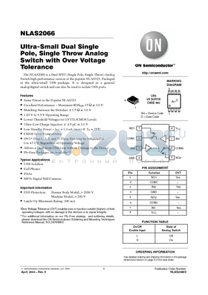 NLAS2066USG datasheet - Ultra-Small Dual Single Pole, Single Throw Analog Switch with Over Voltage Tolerance
