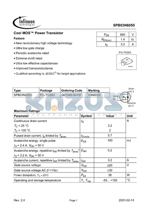 SPB03N60S5_07 datasheet - Cool MOS Power Transistor