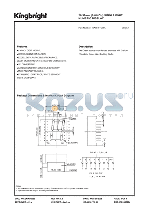 SA08-11GWA datasheet - 20.32mm (0.8INCH) SINGLE DIGIT NUMERIC DISPLAY