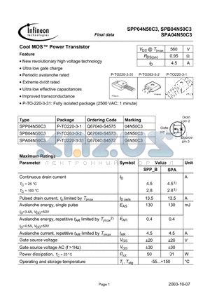 SPB04N50C3 datasheet - Cool MOS Power Transistor