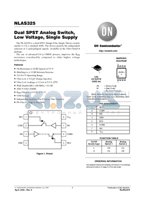 NLAS325USG datasheet - Dual SPST Analog Switch, Low Voltage, Single Supply