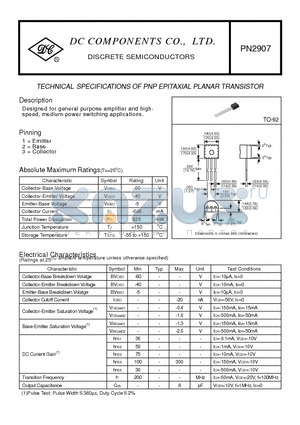PN2907 datasheet - TECHNICAL SPECIFICATIONS OF PNP EPITAXIAL PLANAR TRANSISTOR
