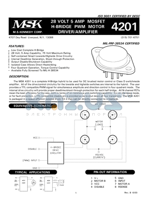 MSK4201B datasheet - 28 VOLT 5 AMP MOSFET H-BRIDGE PWM MOTOR DRIVER/AMPLIFIER