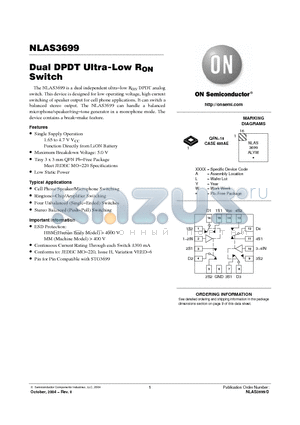 NLAS3699 datasheet - Dual DPDT Ultra-Low RON Switch