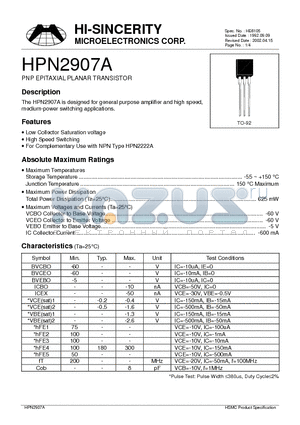 PN2907A datasheet - PNP EPITAXIAL PLANAR TRANSISTOR