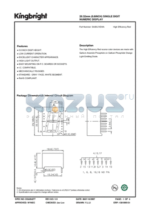 SA08-21EWA datasheet - 20.32mm (0.8INCH) SINGLE DIGIT NUMERIC DISPLAY