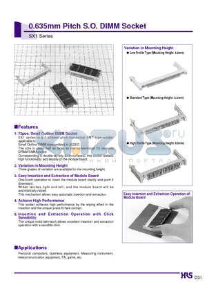 SX1EA-72S-0.635SH datasheet - 0.635mm Pitch S.O. DIMM Socket