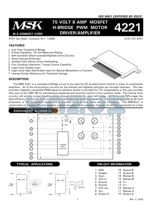 MSK4221 datasheet - 75 VOLT 8 AMP MOSFET H-BRIDGE PWM MOTOR DRIVER/AMPLIFIER