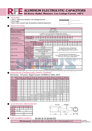 SA0R1M1HSA040070 datasheet - ALUMINUM ELECTROLYTIC CAPACITORS SA Series: Radial, Miniature, Low Leakage Current, 105C