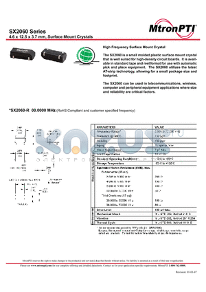 SX2060_07 datasheet - 4.6 x 12.5 x 3.7 mm, Surface Mount Crystals