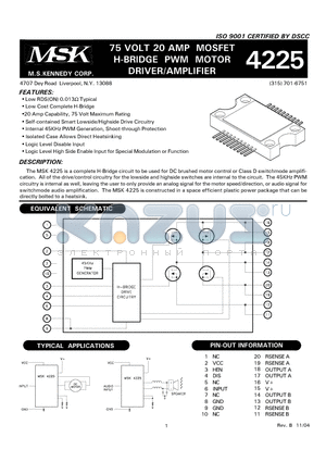 MSK4225U datasheet - 75 VOLT 20 AMP MOSFET H-BRIDGE PWM MOTOR DRIVER/AMPLIFIER