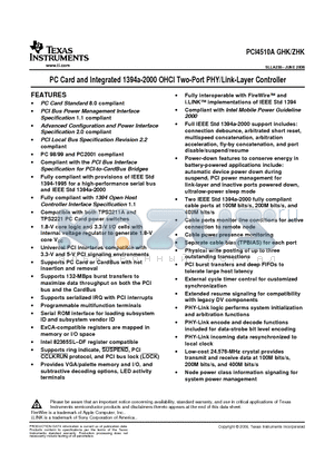 PCI4510A datasheet - PC Card and Integrated 1394a-2000 OHCI Two-Port PHY/Link-Layer Controller