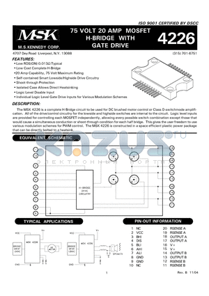 MSK4226S datasheet - 75 VOLT 20 AMP MOSFET H-BRIDGE WITH GATE DRIVE