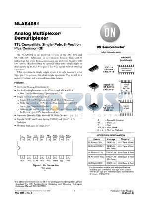 NLAS4051DR2 datasheet - Analog Multiplexer/ Demultiplexer TTL Compatible, Single-Pole, 8-Position Plus Common Off