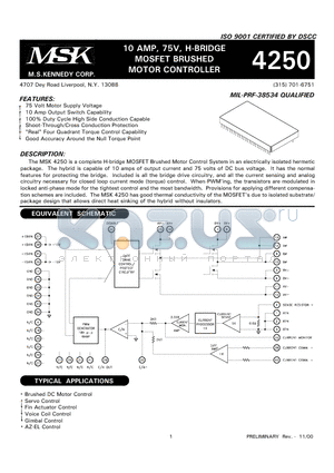 MSK4250H datasheet - 10 AMP, 75V, H-BRIDGE MOSFET BRUSHED MOTOR CONTROLLER