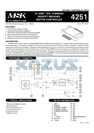 MSK4251S datasheet - 10 AMP, 75V, H-BRIDGE MOSFET BRUSHED MOTOR CONTROLLER