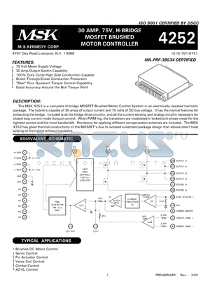 MSK4252H datasheet - 30 AMP, 75V, H-BRIDGE MOSFET BRUSHED MOTOR CONTROLLER