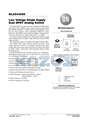 NLAS44599 datasheet - Low Voltage Single Supply Dual DPDT Analog Switch