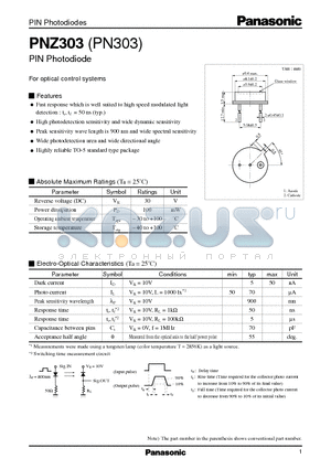 PN303 datasheet - PIN Photodiode For optical control systems
