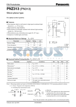 PN313 datasheet - Silicon planar type For optical control systems