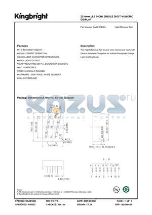 SA10-21EWA datasheet - 25.4mm (1.0 INCH) SINGLE DIGIT NUMERIC DISPLAY