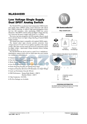 NLAS44599MNR2 datasheet - Low Voltage Single Supply Dual DPDT Analog Switch