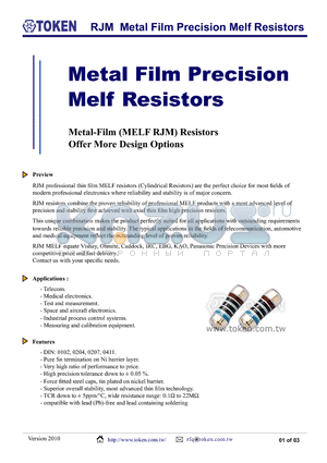 RJM74P10MFC3T datasheet - RJM Metal Film Precision Melf Resistors
