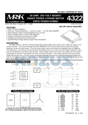 MSK4322HD datasheet - 20 AMP, 200 VOLT MOSFET SMART POWER 3-PHASE MOTOR DRIVE POWER HYBRID